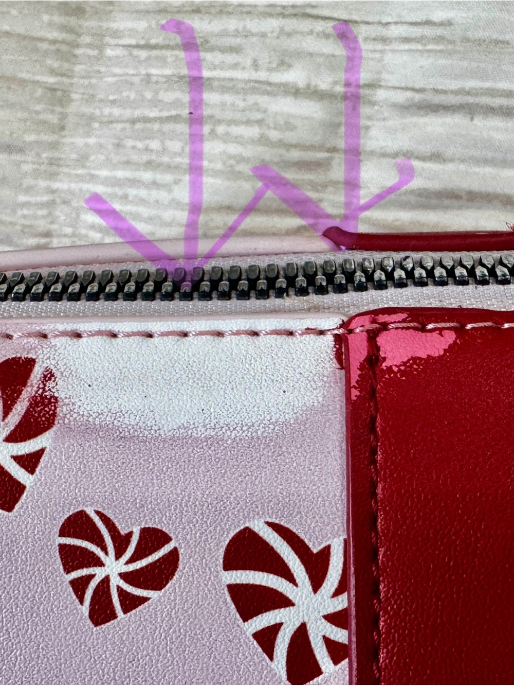 DISCOLORED Betsey Johnson Holiday Purse. AS IS Acetone spilled on it.